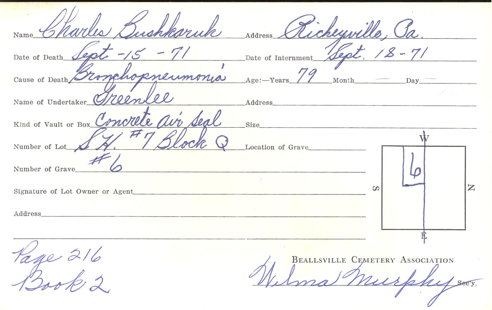 Charles Bushkaruk burial card